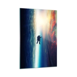 Quadro su vetro - Un astronauta che fluttua nello spazio sopra una Terra colorata - 80x120cm - Affrontando l'universo - Decorazione murale moderna per soggiorno e camera da letto ARTTOR