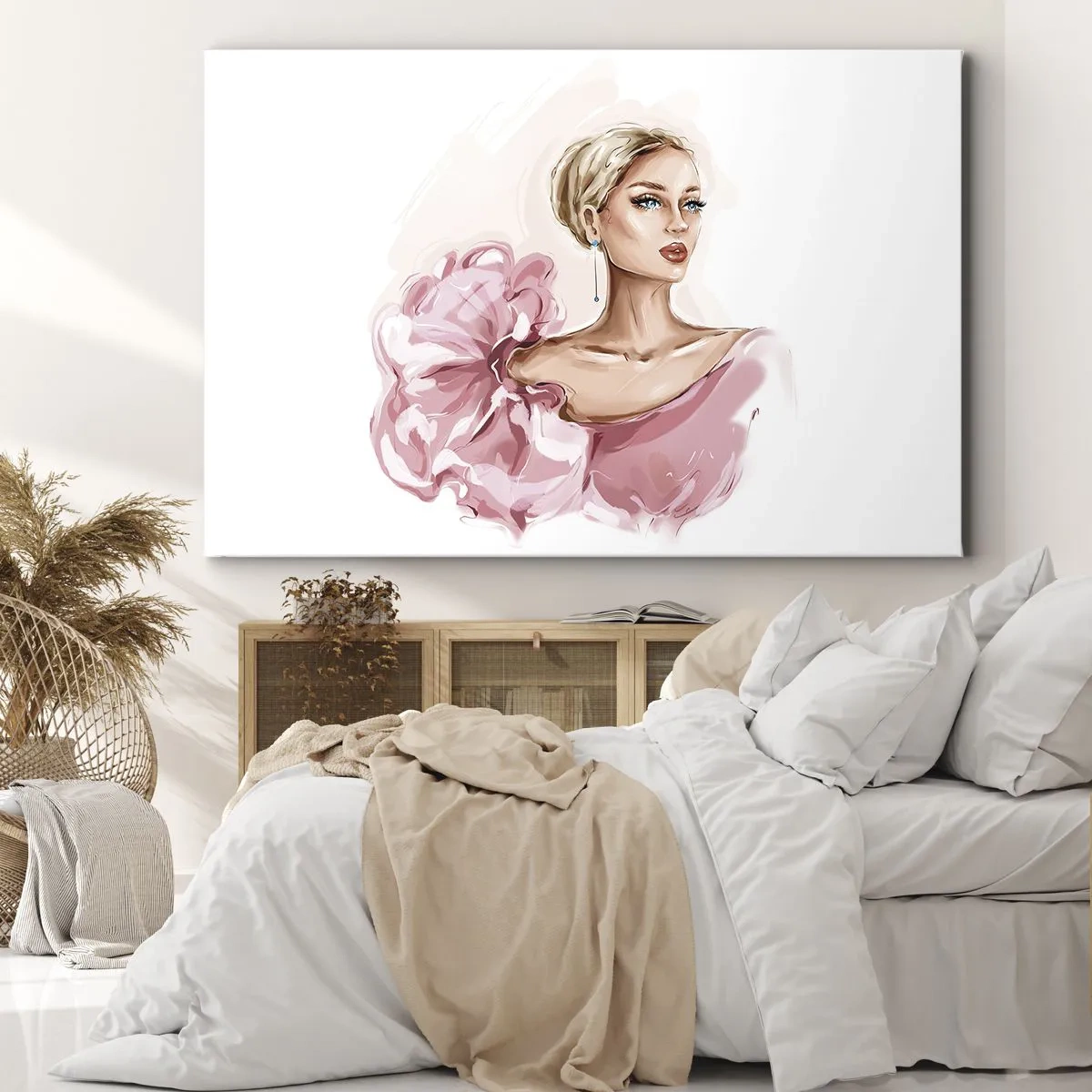 Quadro su tela - Stampe su Tela - Ritratto di una donna in abito rosa su sfondo chiaro - 100x70cm - Come un quadro... - Decorazione murale moderna per soggiorno e camera da letto ARTTOR