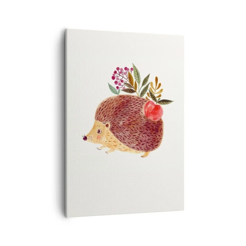 Quadro su tela - Stampe su Tela - Un simpatico riccio con una mela e delle piante in stile illustrativo - 50x70cm - E mi vuoi già bene - Decorazione murale moderna per soggiorno e camera da letto ARTTOR