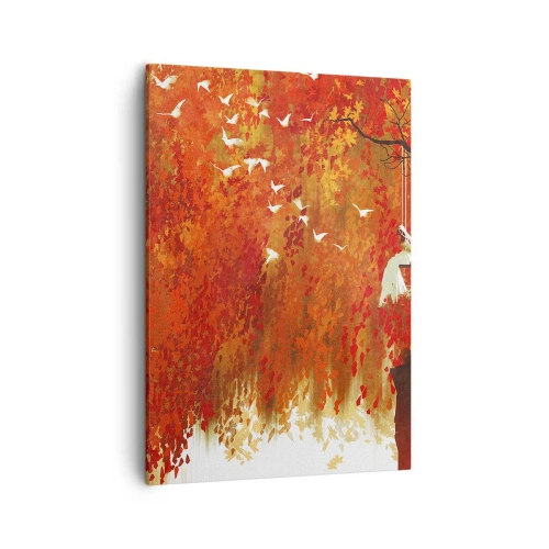 Quadro su tela - Stampe su Tela - Una figura su un'altalena vicino a un albero circondata da foglie rosse - 50x70cm - Voli con noi? - Decorazione murale moderna per soggiorno e camera da letto ARTTOR