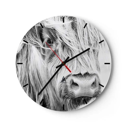 Orologio da parete - Orologio in Vetro - Ritratto di un bovino scozzese a pelo lungo in bianco e nero - 30x30cm - Selvaticità scozzese - Decorazione murale moderna per soggiorno, cucina e camera da letto ARTTOR