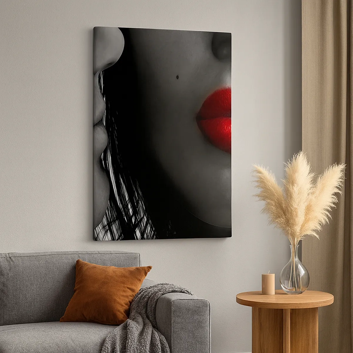 Quadro su tela - Stampe su Tela - Primo piano dei volti di una donna e di un uomo con le labbra rosse. - 50x70cm - Volto accanto al volto  - Decorazione murale moderna per soggiorno e camera da letto ARTTOR