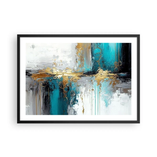 Poster in cornice nera - Una composizione astratta con accenti turchesi e dorati. - 70x50cm - Panta rei - Decorazione murale moderna per soggiorno e camera da letto ARTTOR