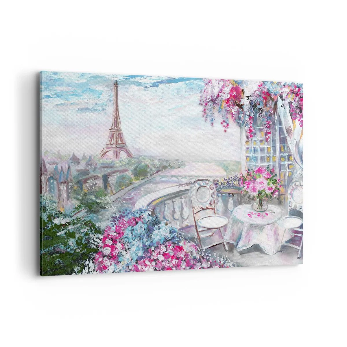 Quadro su tela - Stampe su Tela - Una vista romantica di Parigi con la Torre Eiffel e un balcone pieno di fiori - 100x70cm - Bellissimo qui a maggio - Decorazione murale moderna per soggiorno e camera da letto ARTTOR