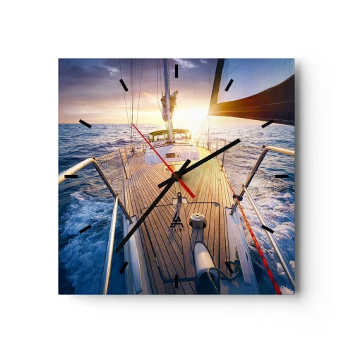 Orologio da parete - Orologio in Vetro - Yacht in mare durante il tramonto - 30x30cm - Correndo sulle onde - Decorazione murale moderna per soggiorno e camera da letto ARTTOR