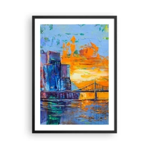 Poster in cornice nera - Un ponte colorato e la città illuminata dal sole al tramonto - 50x70cm - Cultura e natura - Decorazione murale moderna per soggiorno e camera da letto ARTTOR