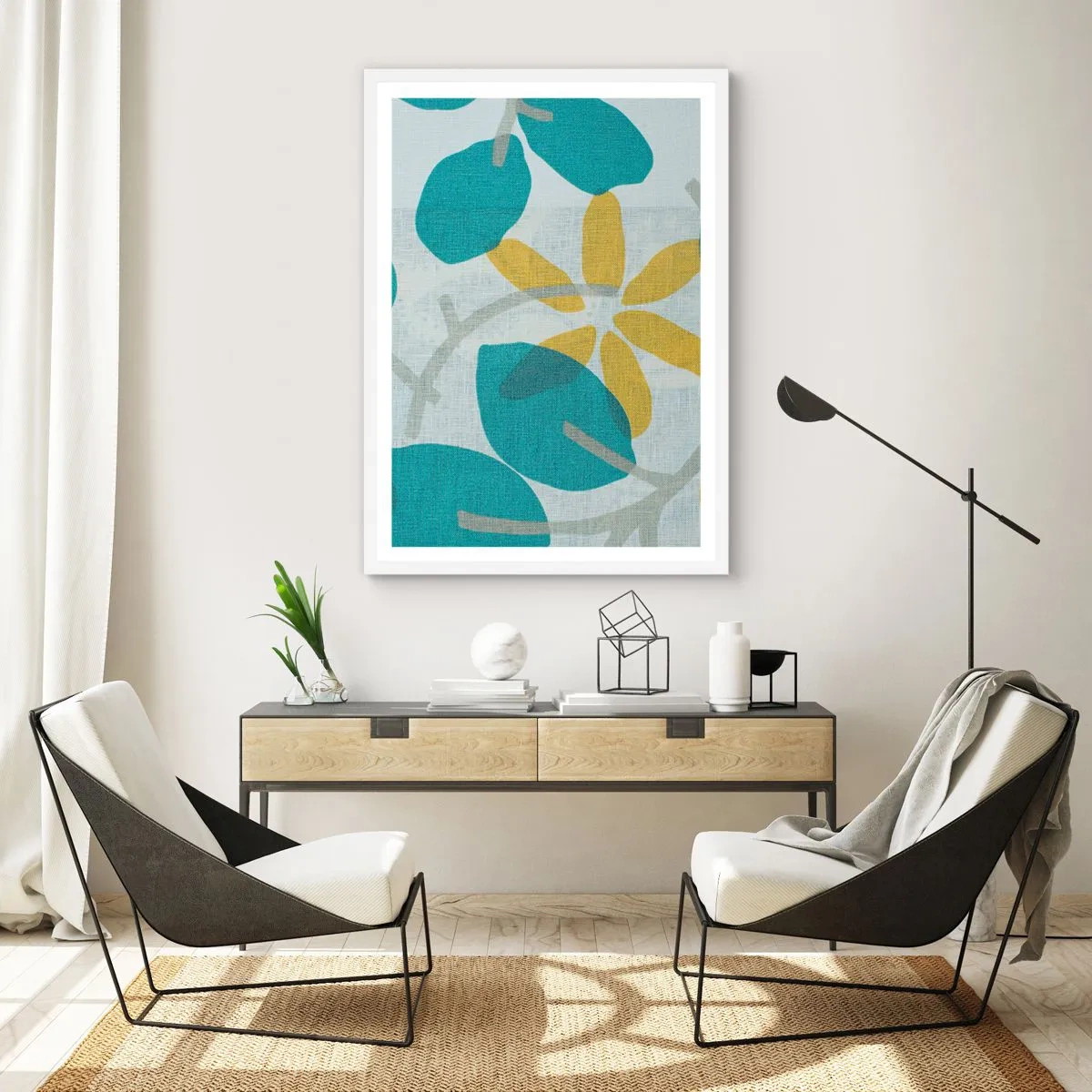 Poster in cornice bianca - Tra le foglie azzurre - 61x91 cm