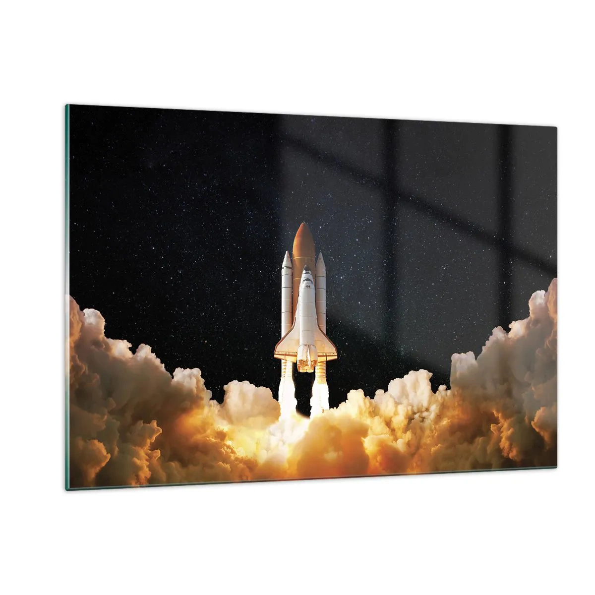 Quadro su vetro - Uno space shuttle in decollo contro un cielo stellato - 120x80cm - Ad astra! - Decorazione murale moderna per soggiorno e camera da letto ARTTOR