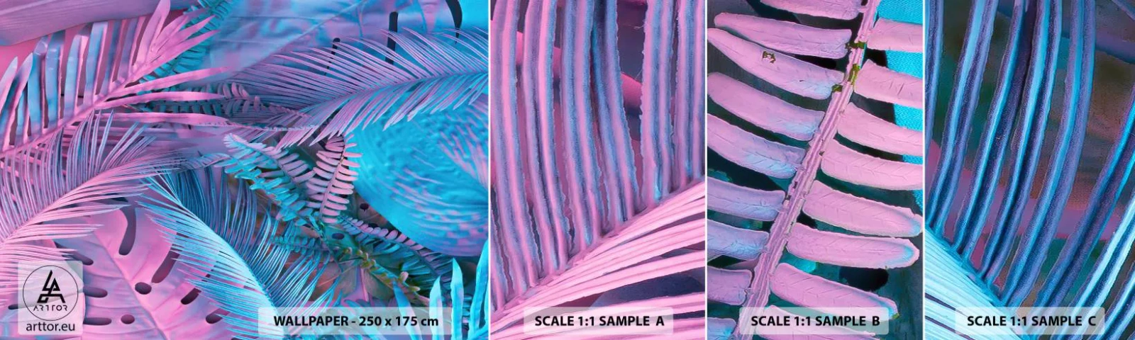 Campione di Fotomurale Adesivo Deluxe Sticker - Tropici in rosa e blu - Astrazione, Foglie, Pianta tropicale - 100x30 cm