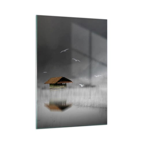 Quadro su vetro - Una casa sull'acqua nella nebbia con uccelli che volano - 50x70cm - Riparo dalla pioggia - Decorazione murale moderna per soggiorno e camera da letto ARTTOR
