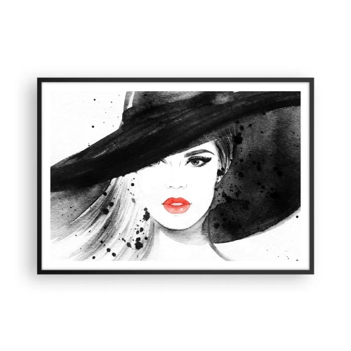 Poster in cornice nera - Ritratto di una donna con un cappello e labbra rosse - 100x70cm - Donna in nero - Decorazione murale moderna per soggiorno e camera da letto ARTTOR