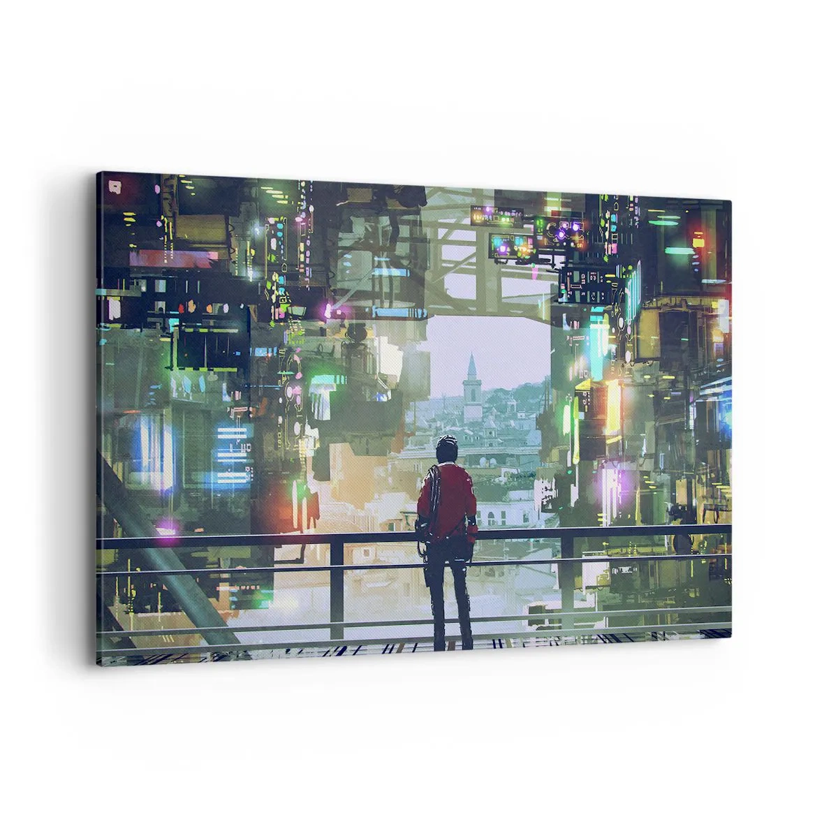 Quadro su tela - Stampe su Tela - Una figura in una città futuristica con luci al neon - 120x80cm - Due mondi - Decorazione murale moderna per soggiorno e camera da letto ARTTOR