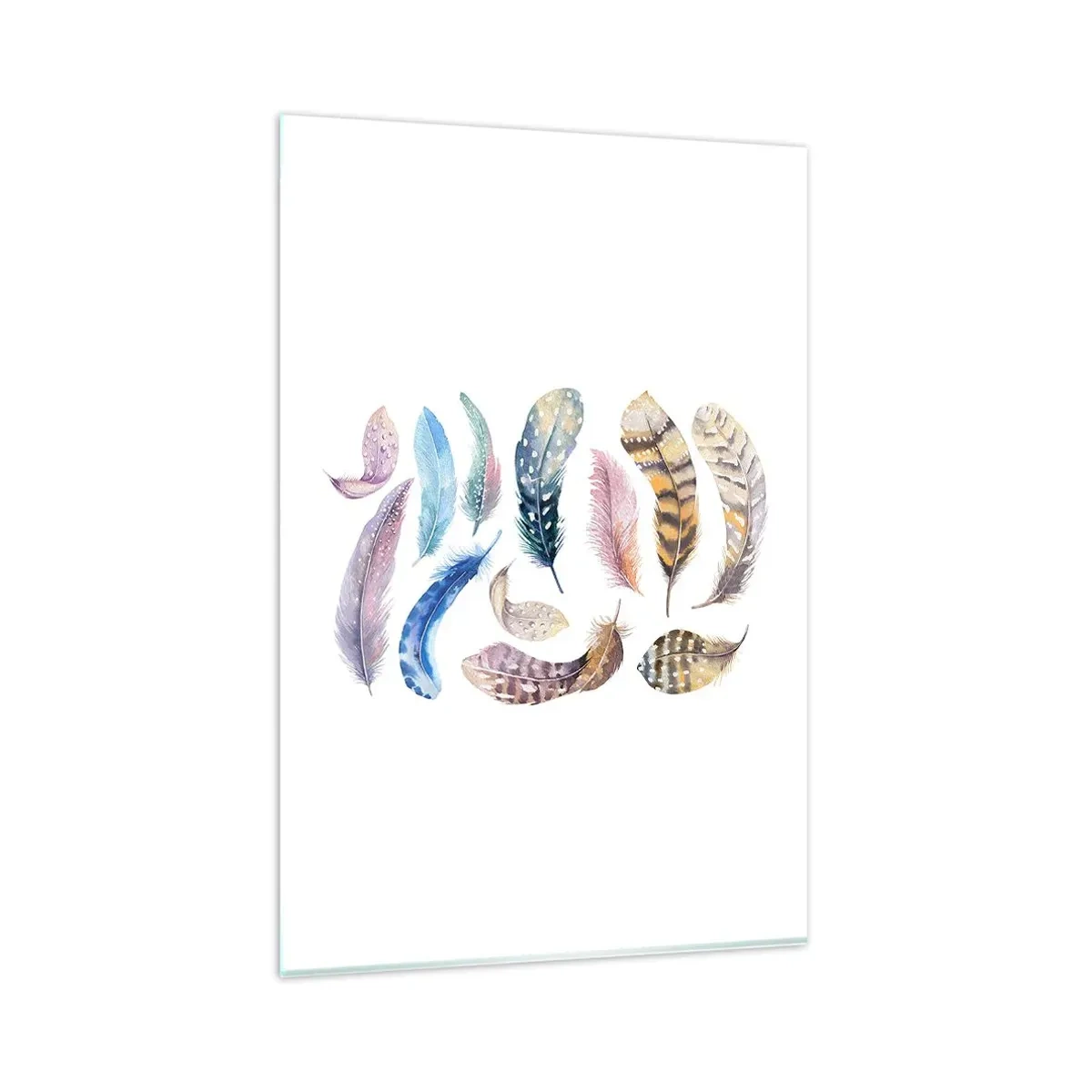Quadro su vetro - Piume colorate in un delicato stile acquerello - 80x120cm - Leggere, variopinte e multicolori - Decorazione murale moderna per soggiorno e camera da letto ARTTOR