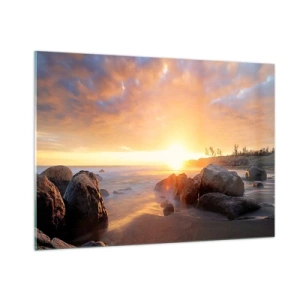 Quadro su vetro - Tramonto sul mare con pietre sulla riva - 100x70cm - La luminosa brezza della sera - Decorazione murale moderna per soggiorno e camera da letto ARTTOR