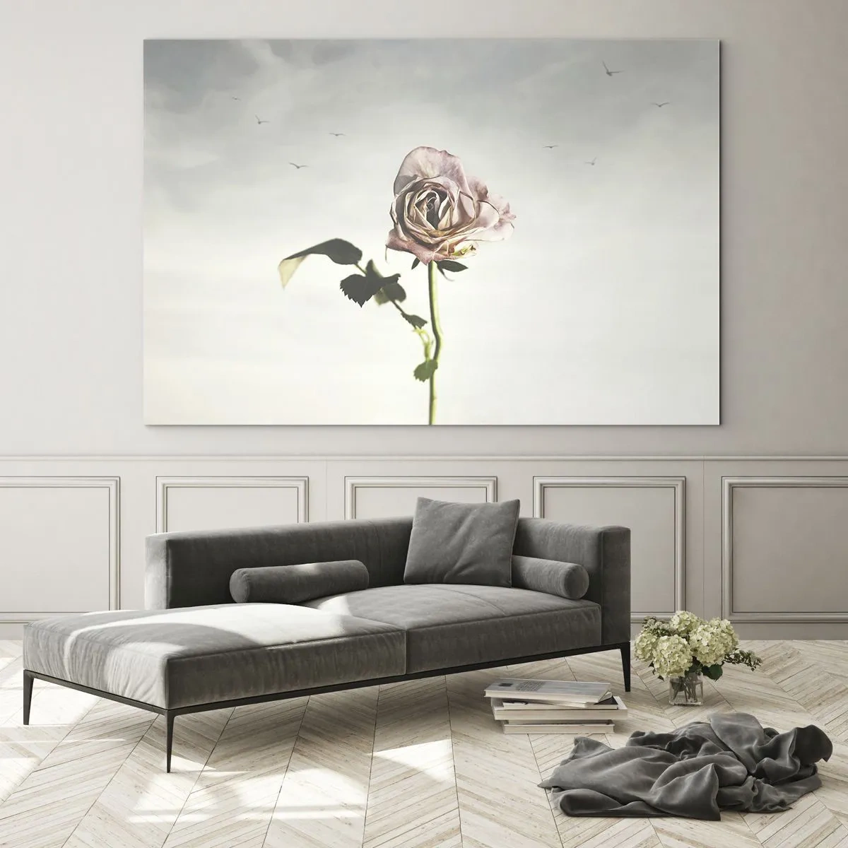 Quadro su vetro - Una rosa delicata contro il cielo con uccelli in volo - 70x50cm - Il benvenuto alla primavera - Decorazione murale moderna per soggiorno e camera da letto ARTTOR