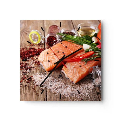 Orologio da parete - Orologio in Vetro - Filetti di salmone con spezie su fondo di legno - 30x30cm - Avventura norvegese in cucina - Decorazione murale moderna per soggiorno e camera da letto ARTTOR