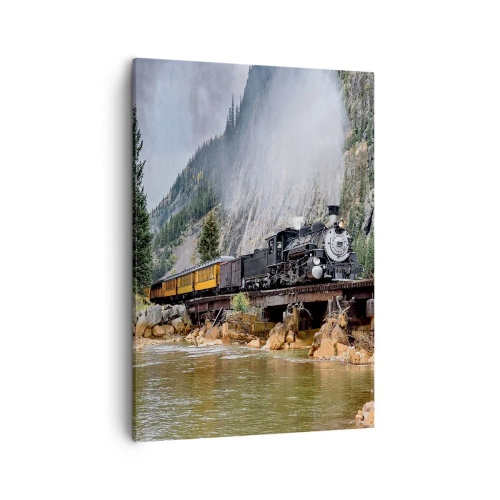 Quadro su tela - Stampe su Tela - Una locomotiva a vapore su un ponte in un pittoresco paesaggio montano - 50x70cm - Dove andiamo? - Decorazione murale moderna per soggiorno e camera da letto ARTTOR