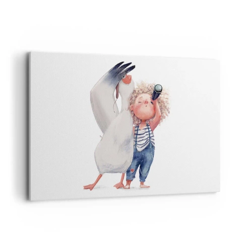 Quadro su tela - Stampe su Tela - Illustrazione di un bambino con un pellicano e un telescopio in mano - 120x80cm - Il progetto di un grande viaggio - Decorazione murale moderna per soggiorno e camera da letto ARTTOR