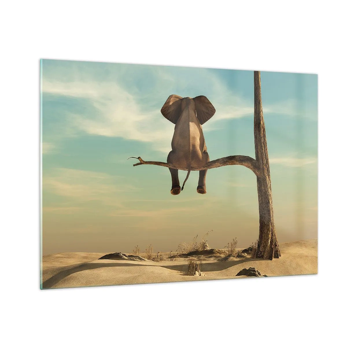 Quadro su vetro - Un elefante su un ramo di un albero in un ambiente surreale - 100x70cm - Nuovo punto di vista - Decorazione murale moderna per soggiorno e camera da letto ARTTOR