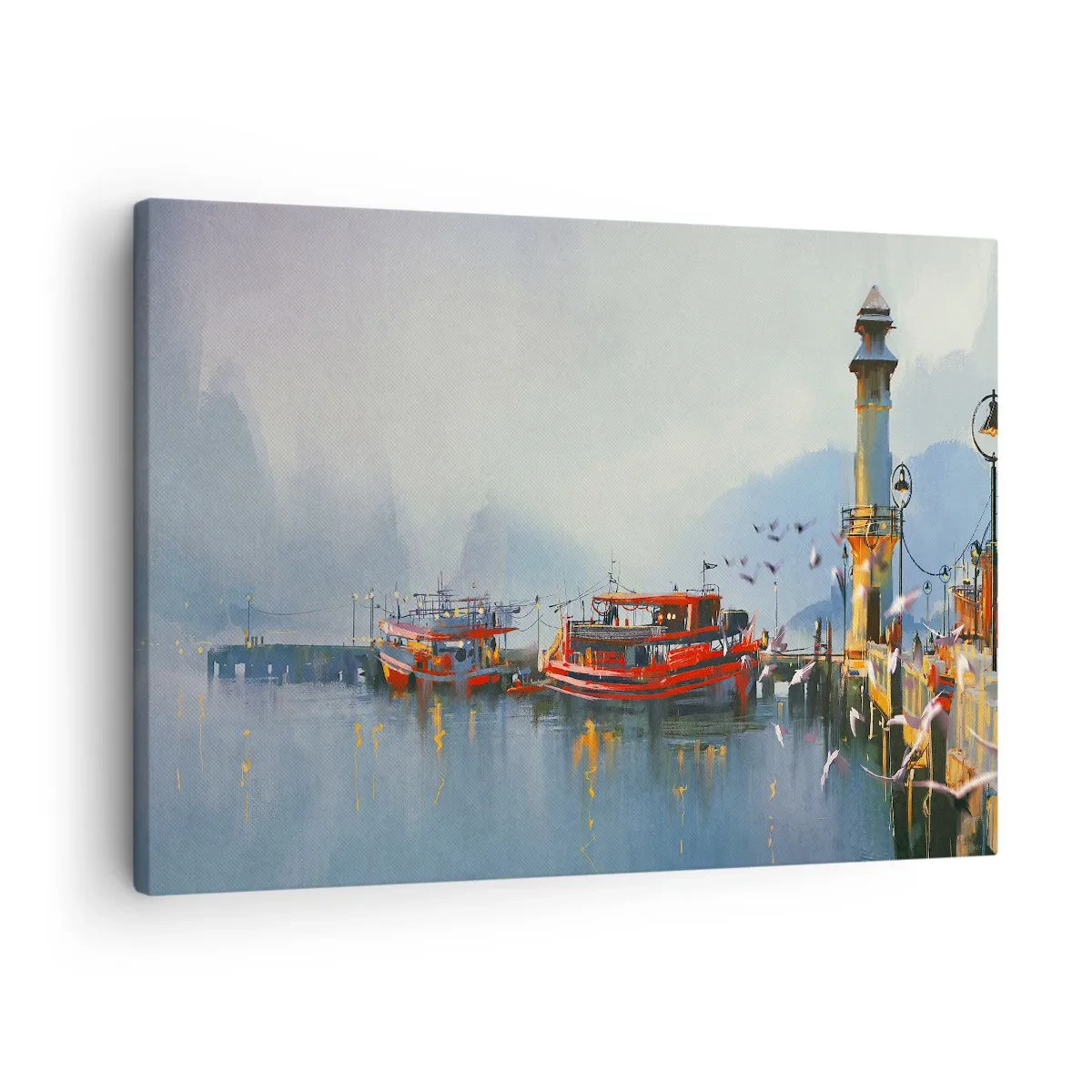 Quadro su tela - Stampe su Tela - Un porto con barche rosse circondato da un paesaggio nebbioso - 70x50cm - Alla fine del mondo - Decorazione murale moderna per soggiorno e camera da letto ARTTOR