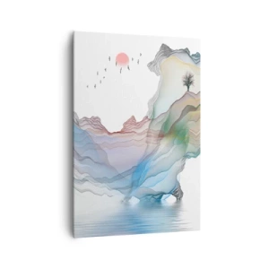 Quadro su tela - Stampe su Tela - Un paesaggio delicato con montagne, acqua e una barca - 70x100cm - Verso i monti di cristallo - Decorazione murale moderna per soggiorno e camera da letto ARTTOR