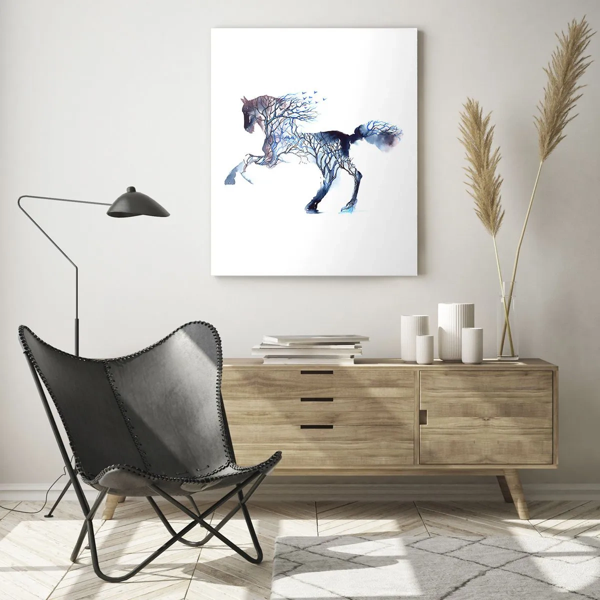 Quadro su vetro - Illustrazione di un cavallo con rami al posto del corpo - 50x70cm - Come se il bosco si muovesse - Decorazione murale moderna per soggiorno e camera da letto ARTTOR