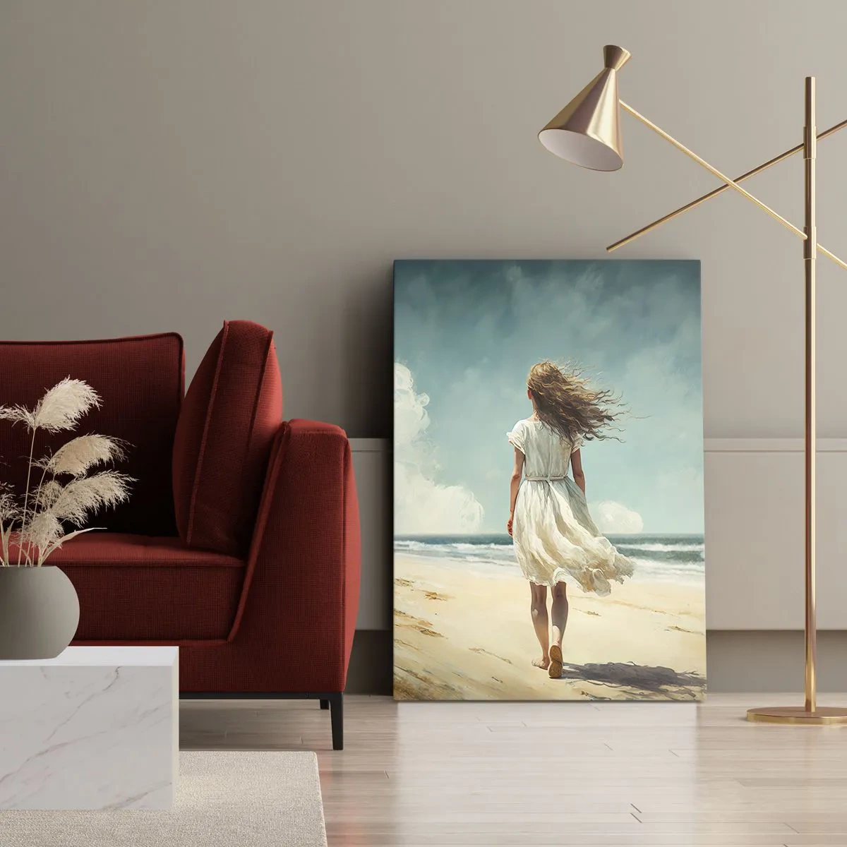 Quadro su tela - Stampe su Tela - Una donna in abito bianco che cammina sulla spiaggia in una giornata di sole - 70x100cm - Dove sole e vento si incontrano - Decorazione murale moderna per soggiorno e camera da letto ARTTOR
