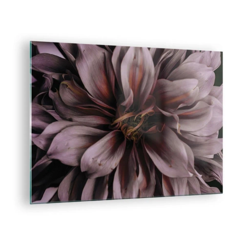 Quadro su vetro - Primo piano di un fiore scuro con petali viola e bordeaux - 70x50cm - Cuore d'aprile - Decorazione murale moderna per soggiorno e camera da letto ARTTOR