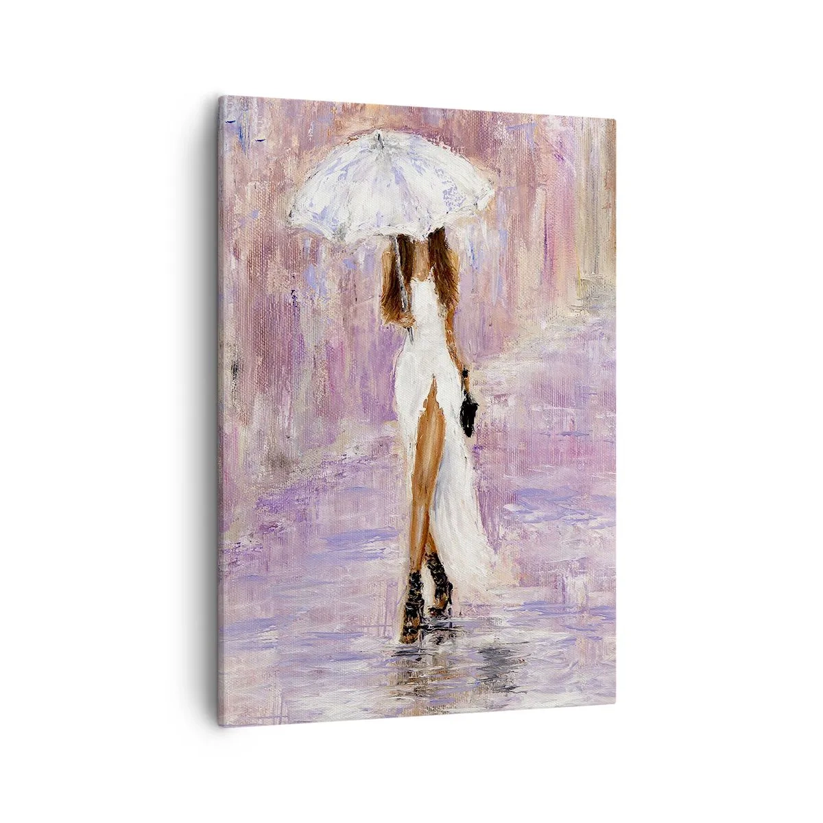 Quadro su tela - Stampe su Tela - Una donna con un ombrello che cammina sotto la pioggia nei toni del lilla - 50x70cm - Nella pioggia lilla - Decorazione murale moderna per soggiorno e camera da letto ARTTOR