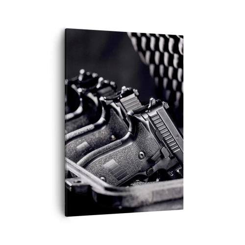 Quadro su tela - Stampe su Tela - Un'immagine in bianco e nero di una pila di armi in una valigia. - 50x70cm - Sport maschile - Decorazione murale moderna per soggiorno e camera da letto ARTTOR