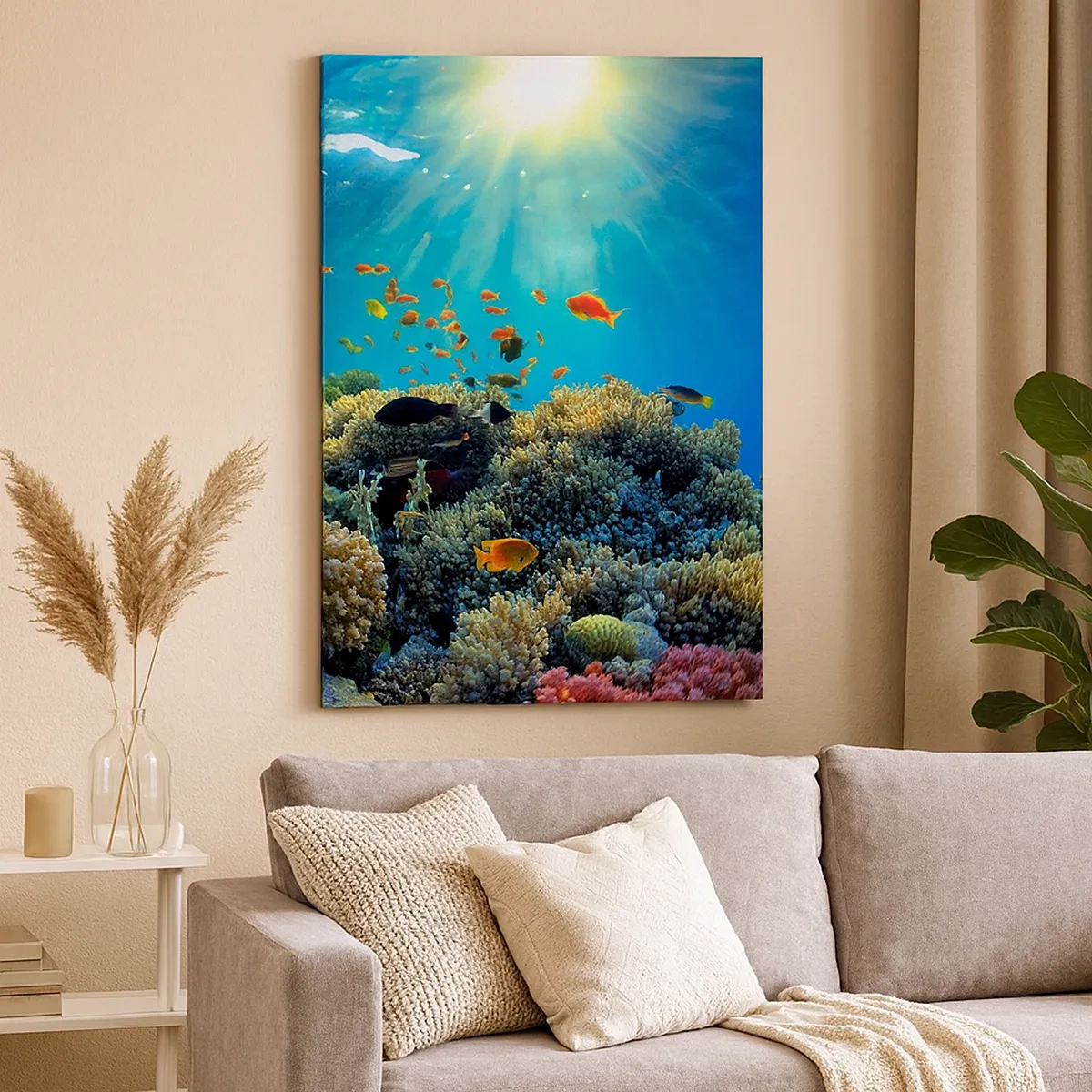 Quadro su tela - Stampe su Tela - Barriera corallina con pesci sotto i raggi del sole sott'acqua - 50x70cm - Tesori sotto al mare - Decorazione murale moderna per soggiorno e camera da letto ARTTOR