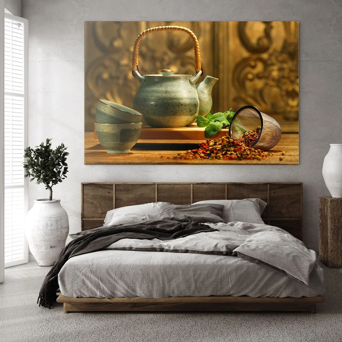 Quadro su vetro - Set da tè in ceramica con erbe aromatiche in una decorazione classica - 70x50cm - Trattato sul tè - Decorazione murale moderna per soggiorno e camera da letto ARTTOR