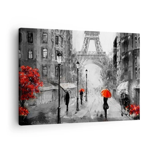 Quadro su tela - Stampe su Tela - Una strada con vista sulla Torre Eiffel e ombrelli rossi - 70x50cm - Tutte le strade portano da lei - Decorazione murale moderna per soggiorno e camera da letto ARTTOR