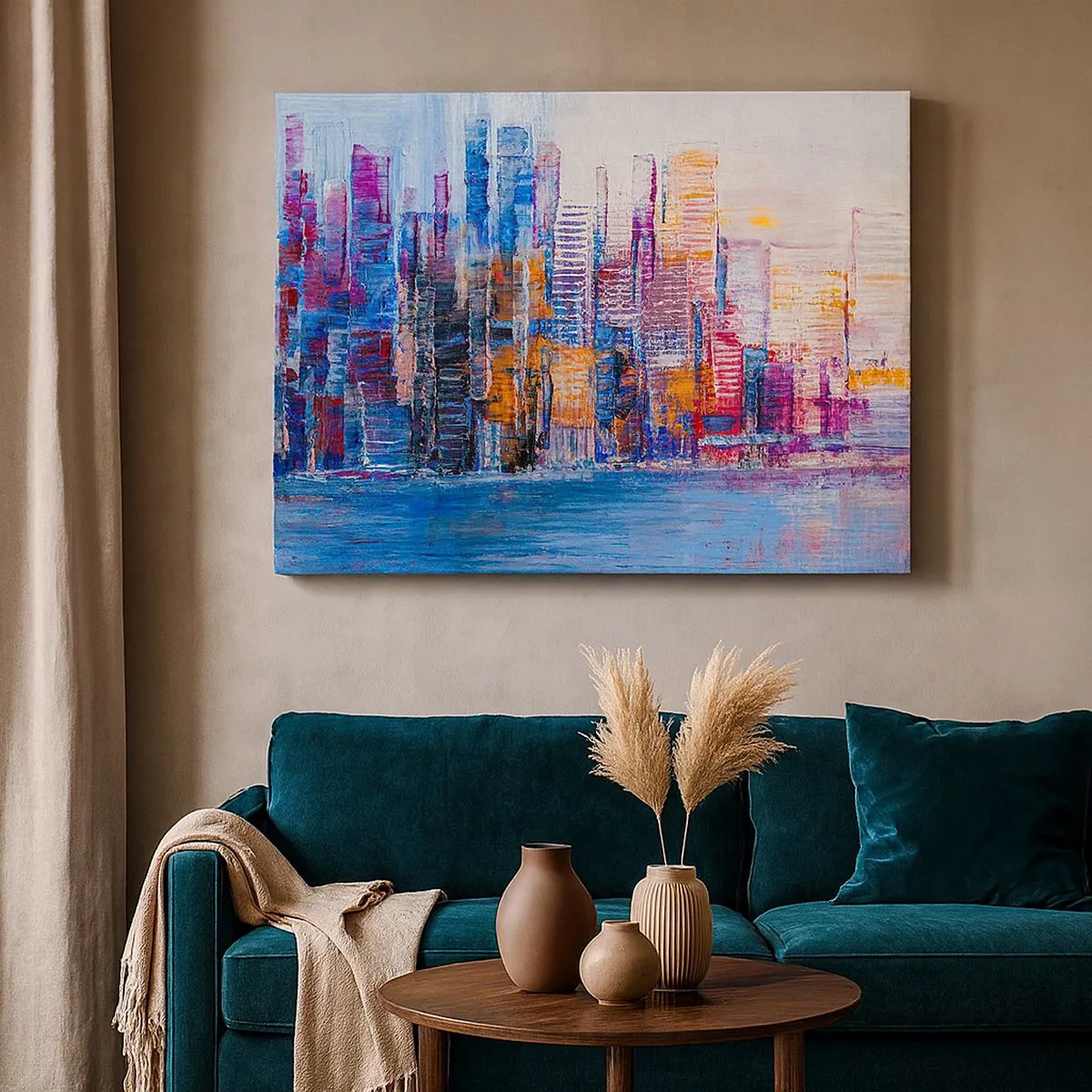 Quadro su tela - Stampe su Tela - Un panorama colorato della città con riflessi sull'acqua - 70x50cm - Metropoli gioiosa - Decorazione murale moderna per soggiorno e camera da letto ARTTOR