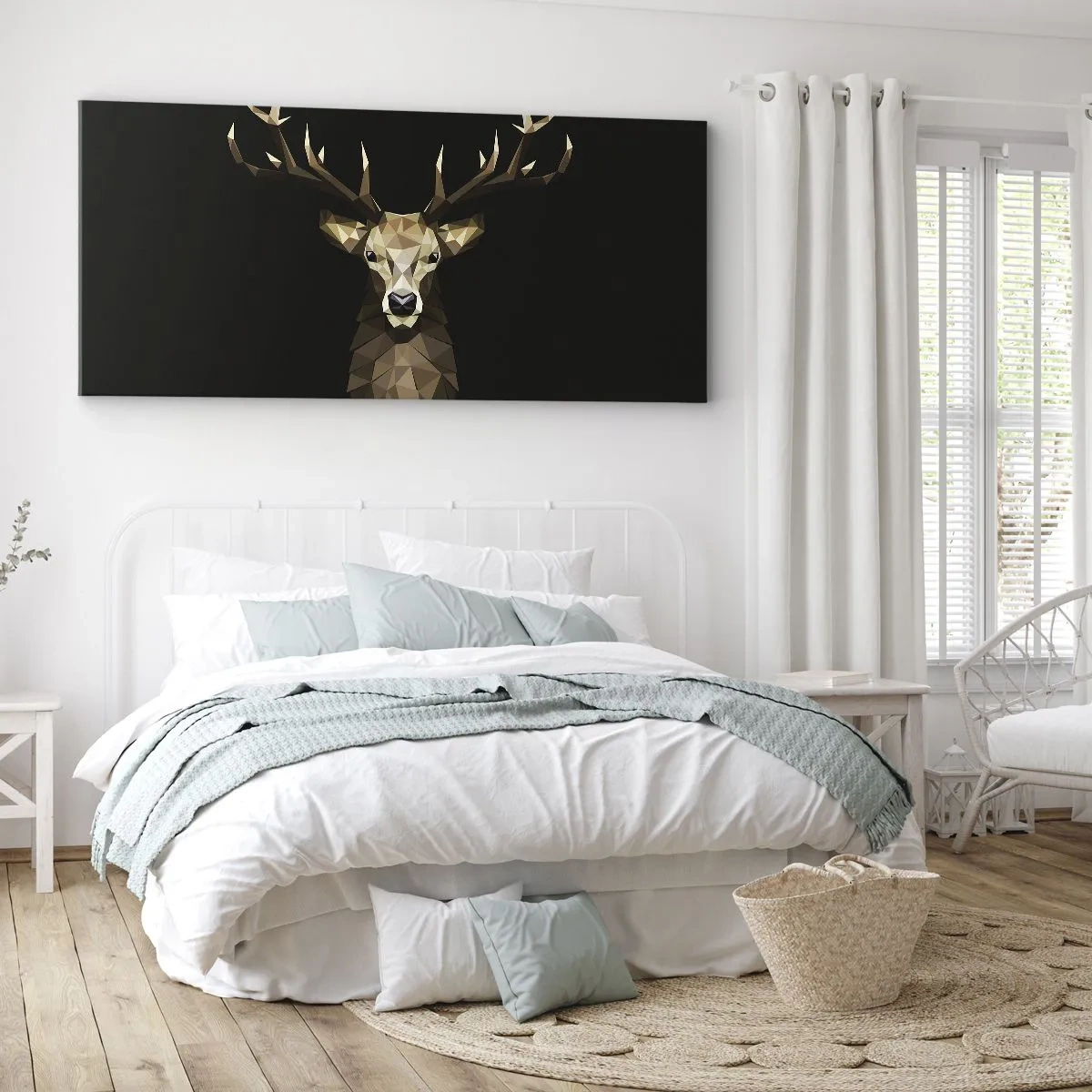 Quadro su tela - Stampe su Tela - Cervo poligonale geometrico su sfondo nero - 160x50cm - Cervo cubista - Decorazione murale moderna per soggiorno e camera da letto ARTTOR