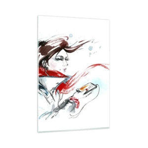 Quadro su vetro - Una donna con una sciarpa rossa con pennellate dinamiche ad acquerello - 80x120cm - Sentire la musica dentro - Decorazione murale moderna per soggiorno e camera da letto ARTTOR