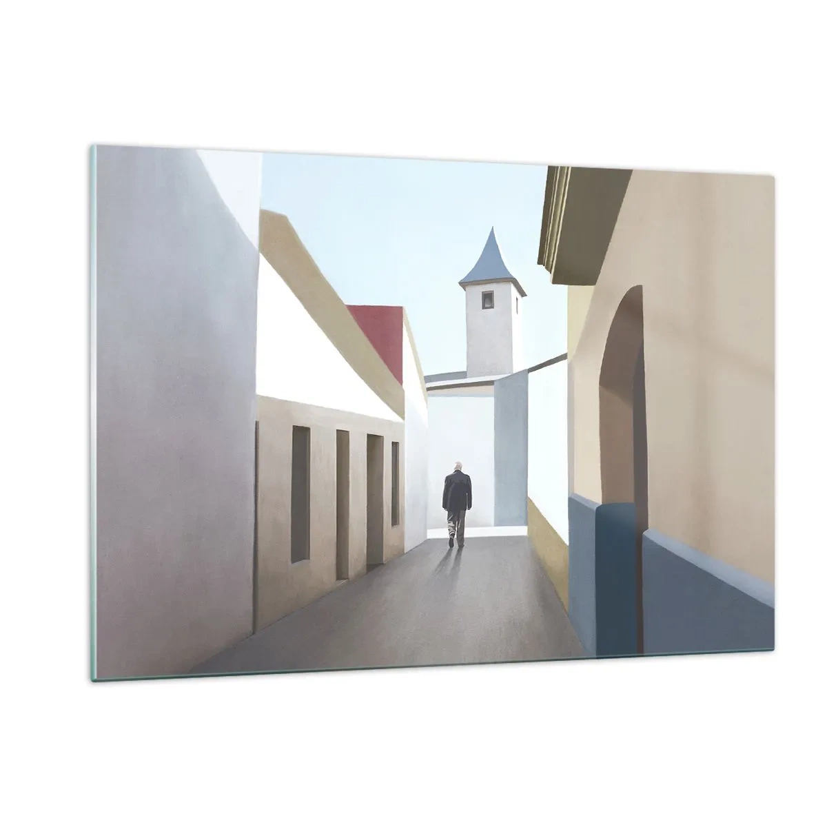 Quadro su vetro - Una strada al sole con una figura che cammina in lontananza - 120x80cm - Passeggiata assolata - Decorazione murale moderna per soggiorno e camera da letto ARTTOR