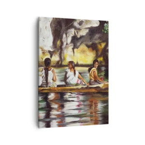 Quadro su tela - Stampe su Tela - Donne in barca su un fiume calmo con uno sfondo pittoresco - 50x70cm - Nel paradiso della Polinesia - Decorazione murale moderna per soggiorno e camera da letto ARTTOR