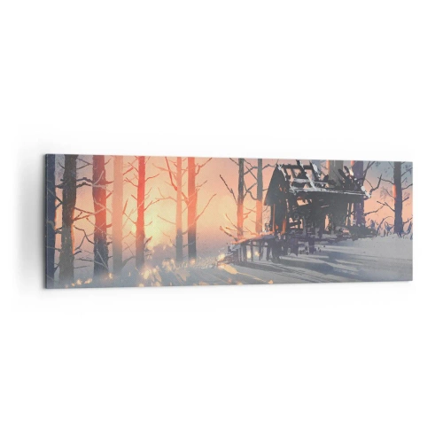 Quadro su tela - Stampe su Tela - Una casetta nel bosco in un paesaggio invernale con i raggi del sole al tramonto - 160x50cm - Qui solamente il sole osserva - Decorazione murale moderna per soggiorno e camera da letto ARTTOR
