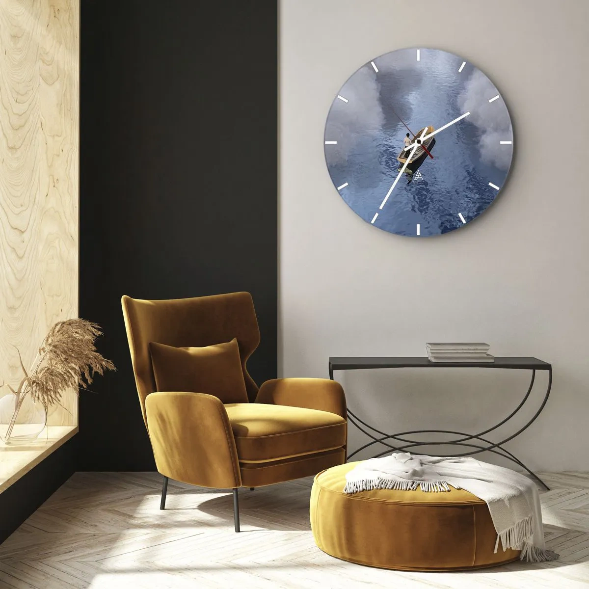 Orologio da parete - Orologio in Vetro - Una figura su una barca che galleggia sull'acqua calma tra le nuvole - 30x30cm - Vita - viaggio - incertezza - Decorazione murale moderna per soggiorno, cucina e camera da letto ARTTOR