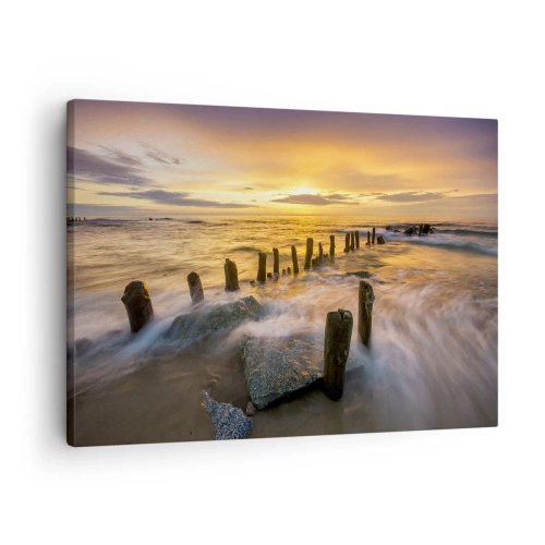 Quadro su tela - Stampe su Tela - Tramonto sul mare con i resti di un vecchio molo - 70x50cm - La bellezza selvatica del Baltico - Decorazione murale moderna per soggiorno e camera da letto ARTTOR