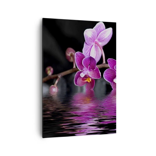 Quadro su tela - Stampe su Tela - Orchidee viola su acqua calma su sfondo nero - 70x100cm - La bellezza riflessa dai gigli - Decorazione murale moderna per soggiorno e camera da letto ARTTOR