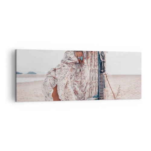 Quadro su tela - Stampe su Tela - Donna in stile boho con chitarra sulla spiaggia - 140x50cm - Figli dei fiori in cammino - Decorazione murale moderna per soggiorno e camera da letto ARTTOR