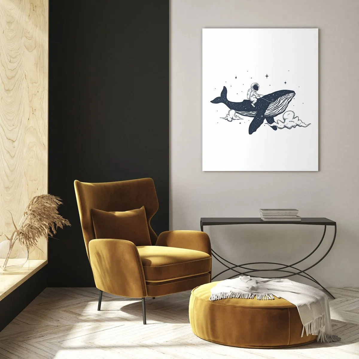 Quadro su vetro - Astronauta a cavallo di una balena tra stelle e nuvole - 50x70cm - Avventura nello spazio - Decorazione murale moderna per soggiorno e camera da letto ARTTOR