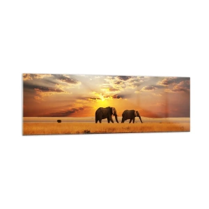 Quadro su vetro - Elefanti nella savana al tramonto - 160x50cm - Passeggiata familiare - Decorazione murale moderna per soggiorno e camera da letto ARTTOR