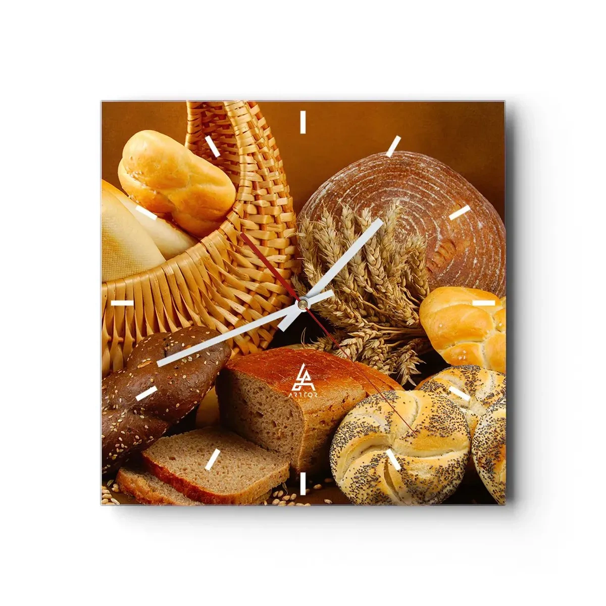 Orologio da parete - Orologio in Vetro - Vari tipi di pane in un cestino di vimini su fondo oro - 30x30cm - Direttamente dal forno - Decorazione murale moderna per soggiorno e camera da letto ARTTOR