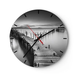 Orologio da parete - Orologio in Vetro - Un molo di legno bianco e nero che conduce ad acque calme - 30x30cm - La pace della riva dimenticata - Decorazione murale moderna per soggiorno, cucina e camera da letto ARTTOR