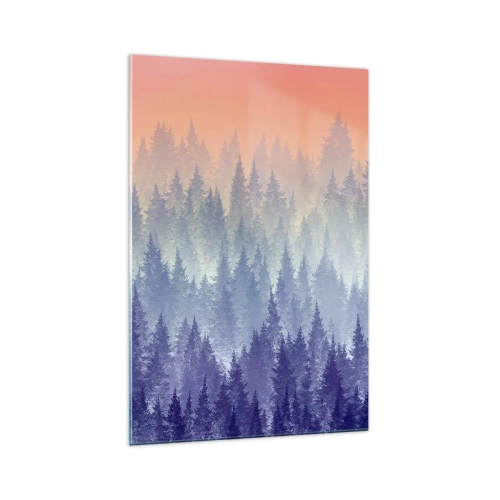 Quadro su vetro - Una foresta nebbiosa nei toni del viola e dell'arancione - 70x100cm - Alto, più in alto, fino al cielo - Decorazione murale moderna per soggiorno e camera da letto ARTTOR