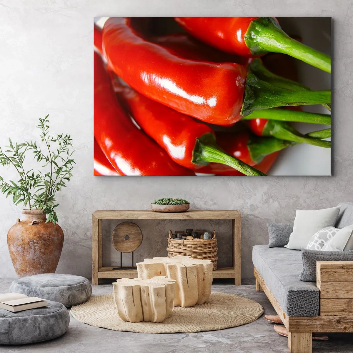 Quadro su tela - Stampe su Tela - Primo piano di peperoncini rossi con steli verdi - 70x50cm - Succosi, lisci e lucenti - Decorazione murale moderna per soggiorno e camera da letto ARTTOR