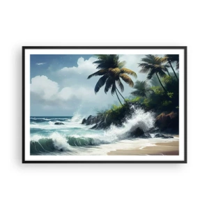 Poster in cornice nera - Costa tropicale con palme e mare agitato - 100x70cm - Sulla riva tropicale - Decorazione murale moderna per soggiorno e camera da letto ARTTOR